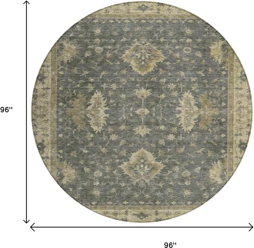 8' Gray And Beige Round Floral Washable Indoor Outdoor Area Rug Photo 9