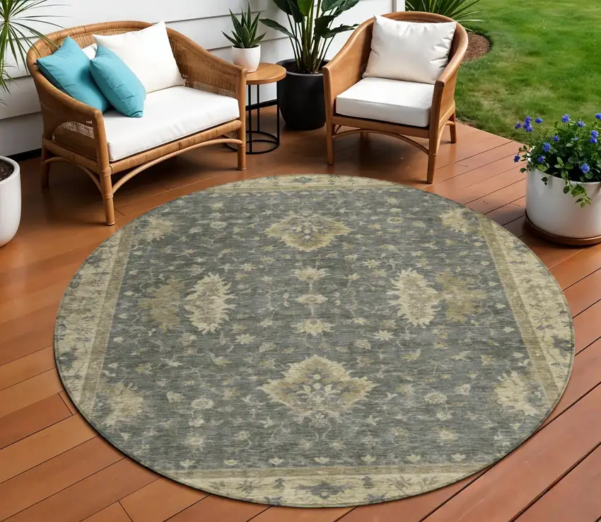 8' Gray And Beige Round Floral Washable Indoor Outdoor Area Rug Photo 2