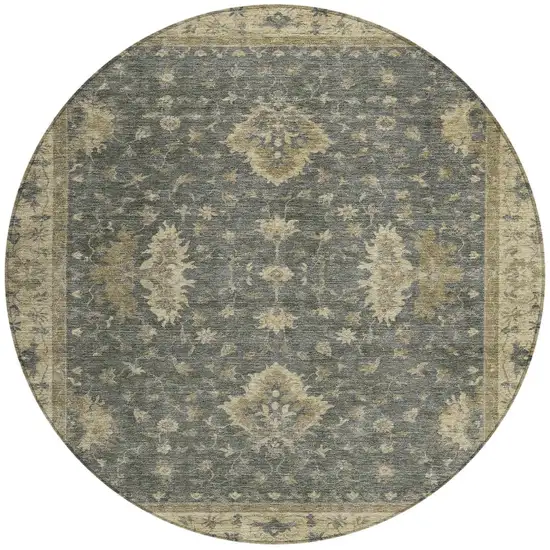 8' Gray And Beige Round Floral Washable Indoor Outdoor Area Rug Photo 3