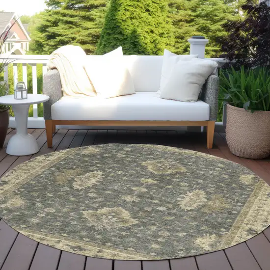 8' Gray And Beige Round Floral Washable Indoor Outdoor Area Rug Photo 5