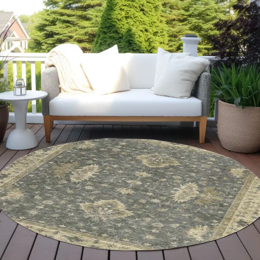 8' Gray And Beige Round Floral Washable Indoor Outdoor Area Rug Photo 5