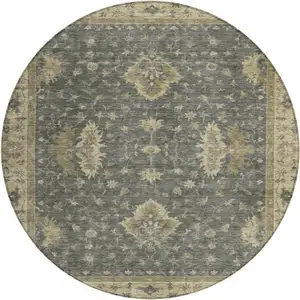 Photo of 8' Gray And Beige Round Floral Washable Indoor Outdoor Area Rug