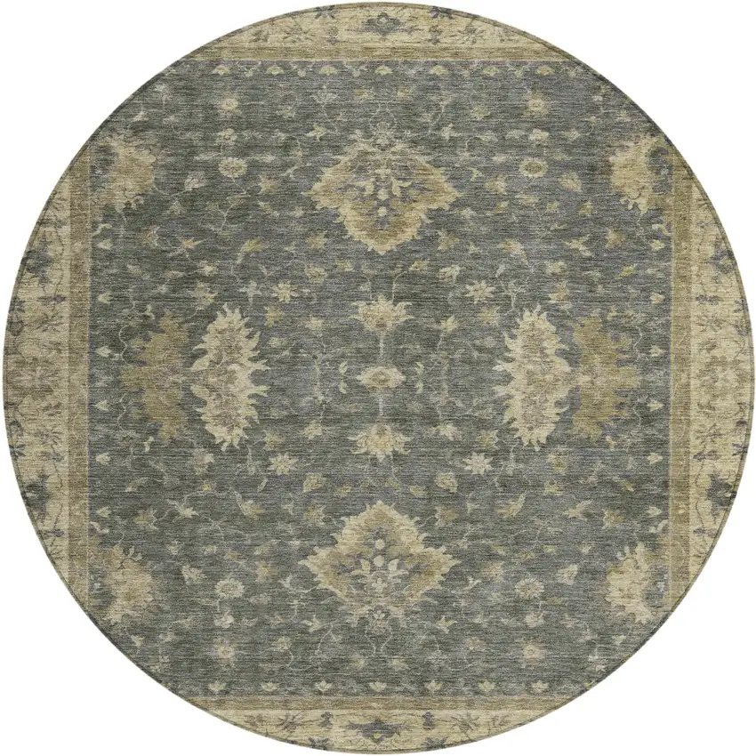 8' Gray And Beige Round Floral Washable Indoor Outdoor Area Rug Photo 1