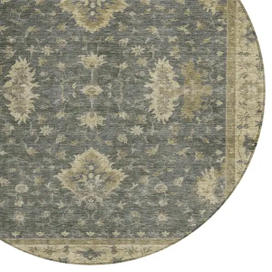 8' Gray And Beige Round Floral Washable Indoor Outdoor Area Rug Photo 8