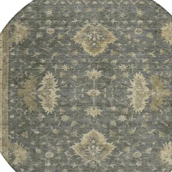 8' Gray And Beige Round Floral Washable Indoor Outdoor Area Rug Photo 4