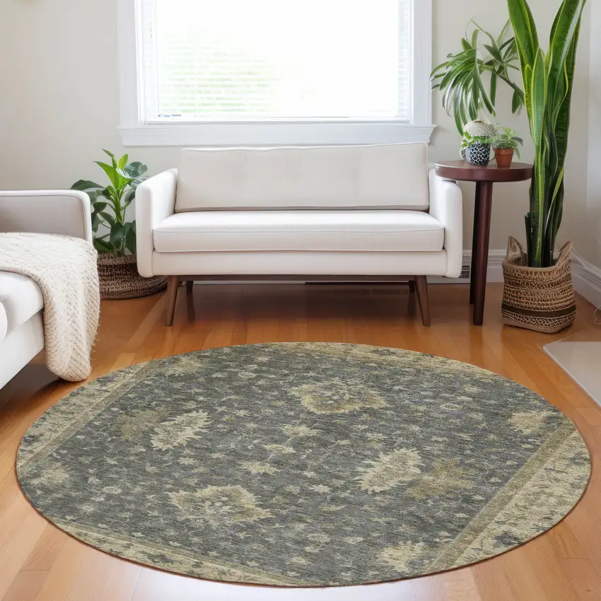 8' Gray And Beige Round Floral Washable Indoor Outdoor Area Rug Photo 6
