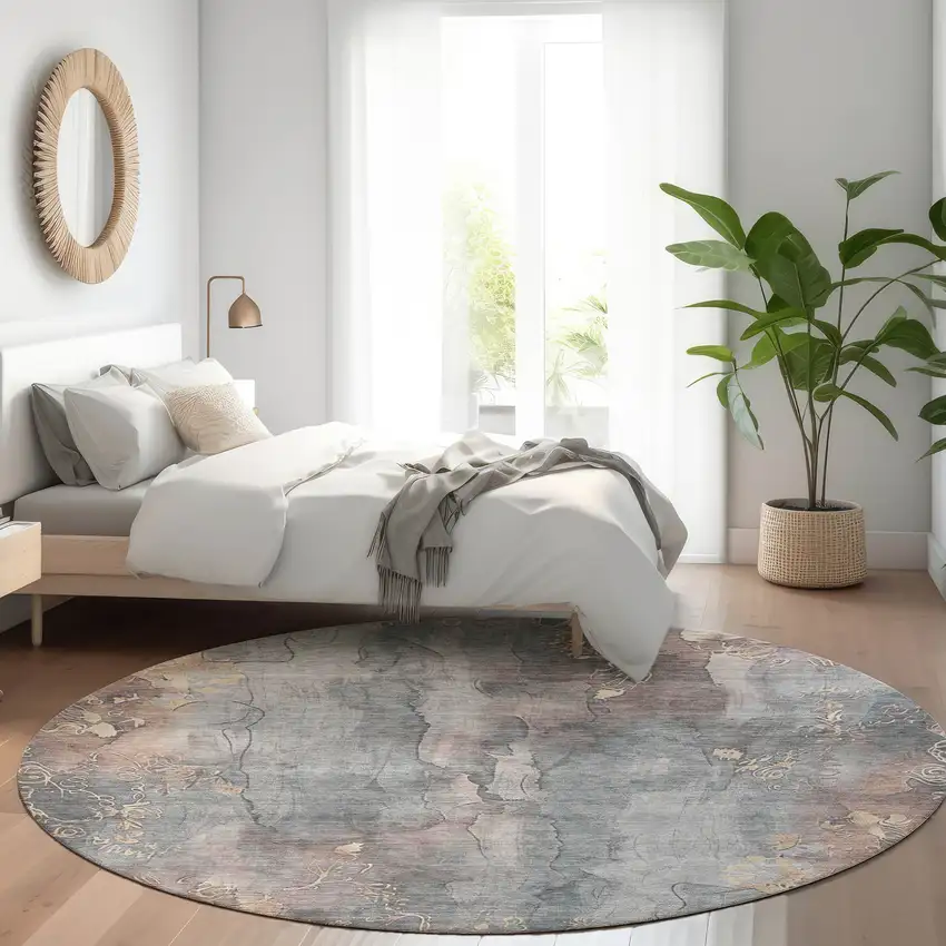 8' Gray And Beige Round Floral Washable Indoor Outdoor Area Rug Photo 6