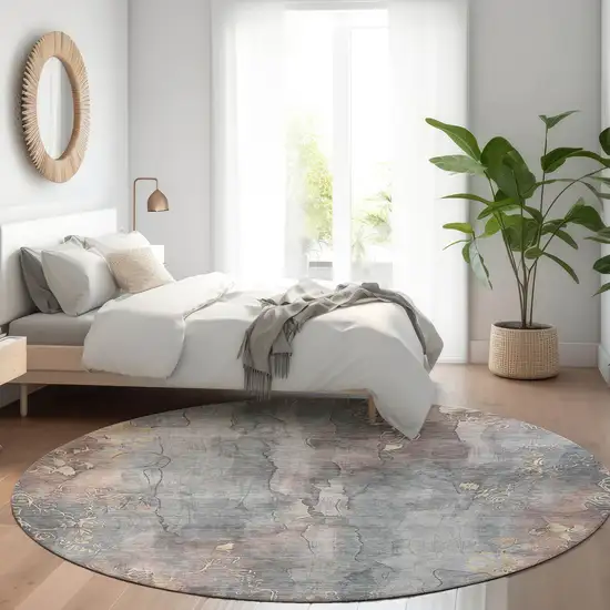8' Gray And Beige Round Floral Washable Indoor Outdoor Area Rug Photo 6