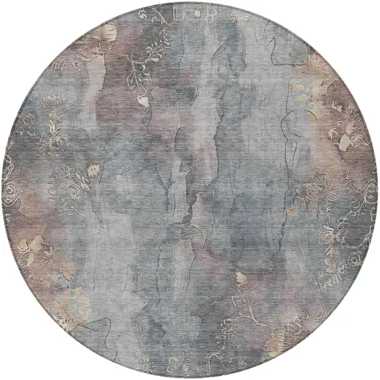 8' Gray And Beige Round Floral Washable Indoor Outdoor Area Rug Photo 3