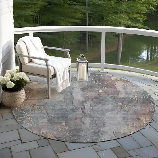 8' Gray And Beige Round Floral Washable Indoor Outdoor Area Rug Photo 5