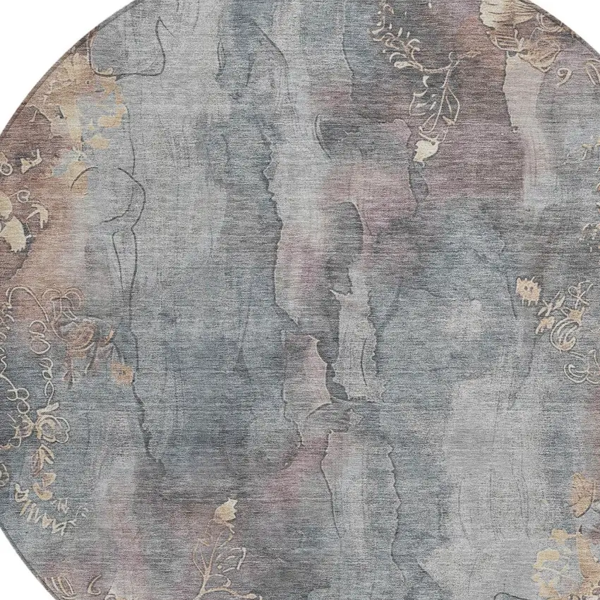 8' Gray And Beige Round Floral Washable Indoor Outdoor Area Rug Photo 8