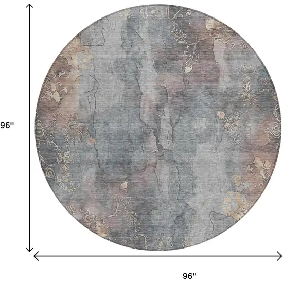8' Gray And Beige Round Floral Washable Indoor Outdoor Area Rug Photo 9