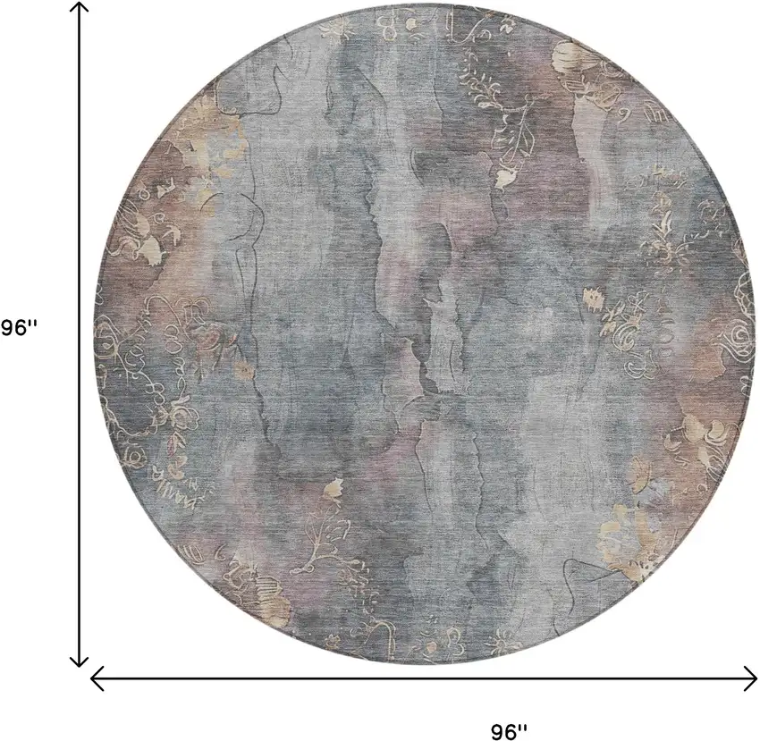 8' Gray And Beige Round Floral Washable Indoor Outdoor Area Rug Photo 9