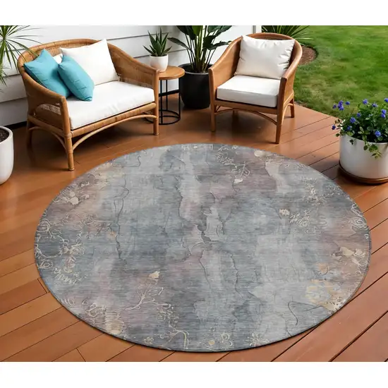 8' Gray And Beige Round Floral Washable Indoor Outdoor Area Rug Photo 2