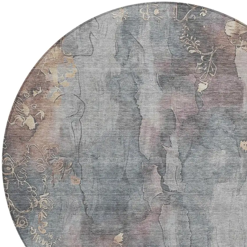8' Gray And Beige Round Floral Washable Indoor Outdoor Area Rug Photo 4