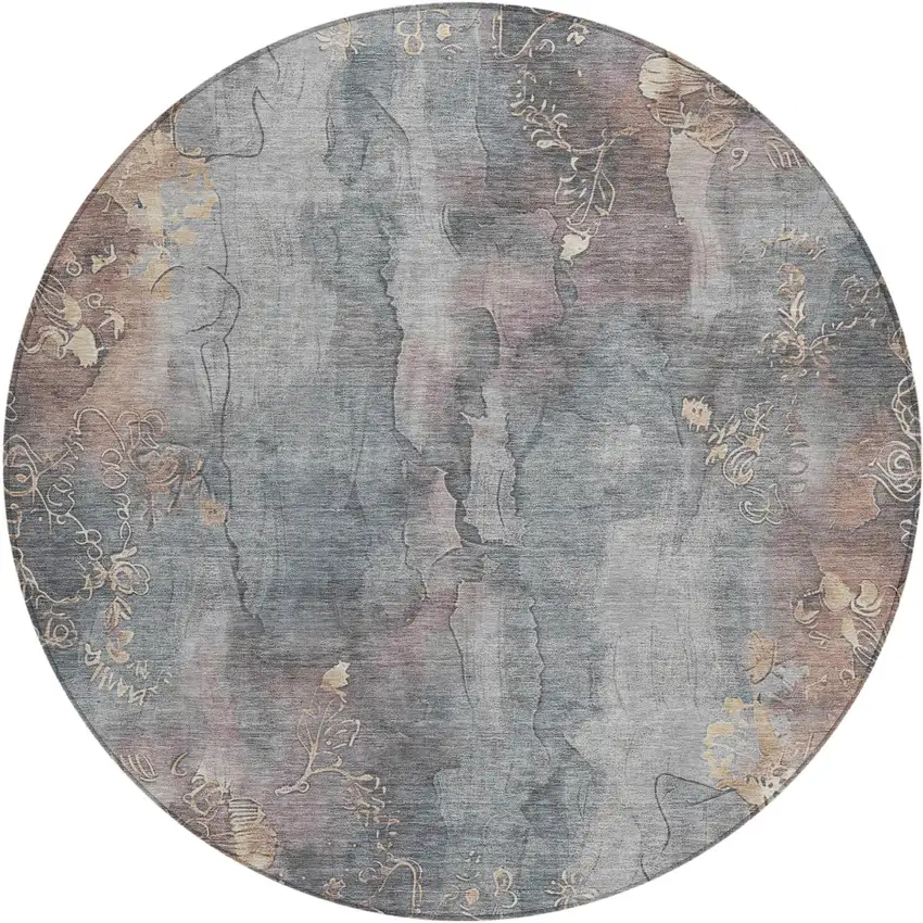 8' Gray And Beige Round Floral Washable Indoor Outdoor Area Rug Photo 1