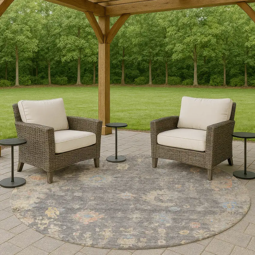 8' Gray And Beige Round Floral Washable Indoor Outdoor Area Rug Photo 8