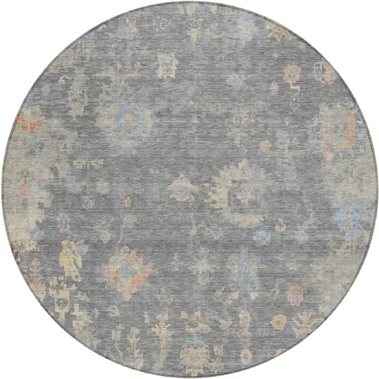8' Gray And Beige Round Floral Washable Indoor Outdoor Area Rug Photo 2
