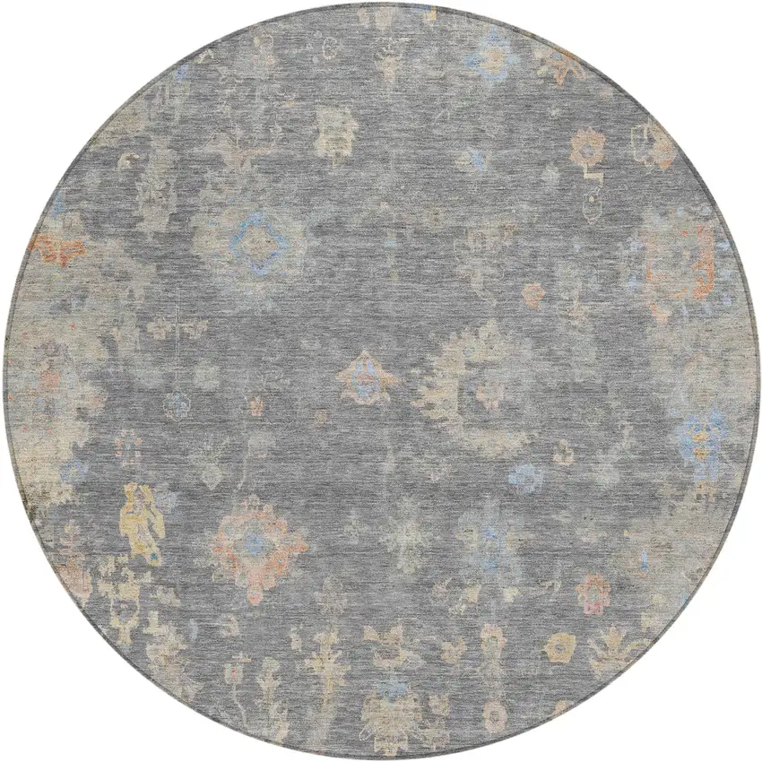 8' Gray And Beige Round Floral Washable Indoor Outdoor Area Rug Photo 2