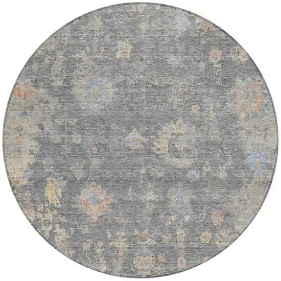 8' Gray And Beige Round Floral Washable Indoor Outdoor Area Rug Photo 4
