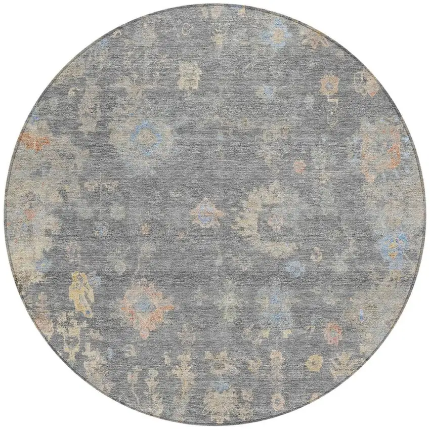 8' Gray And Beige Round Floral Washable Indoor Outdoor Area Rug Photo 4