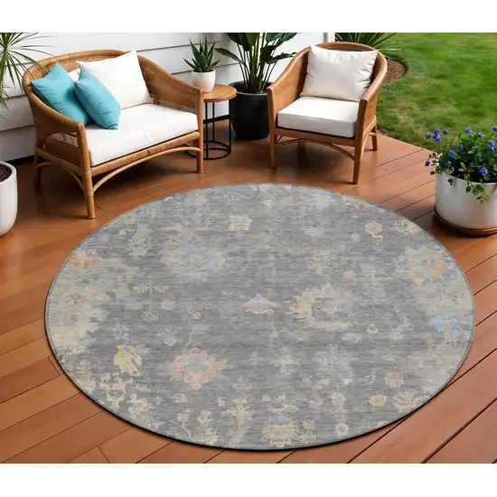8' Gray And Beige Round Floral Washable Indoor Outdoor Area Rug Photo 1