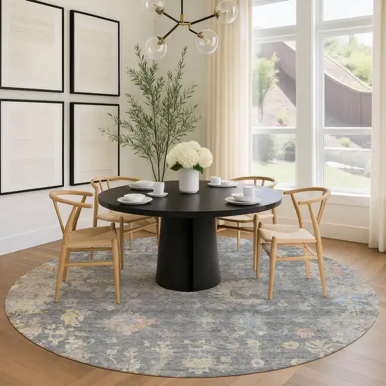 8' Gray And Beige Round Floral Washable Indoor Outdoor Area Rug Photo 9