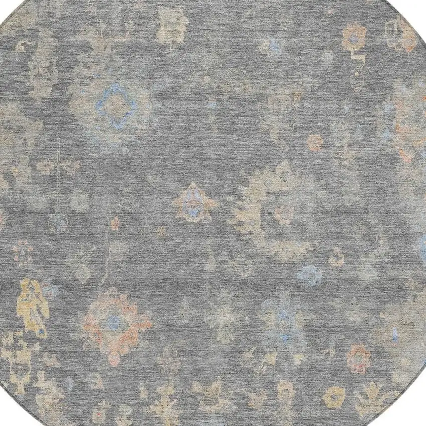 8' Gray And Beige Round Floral Washable Indoor Outdoor Area Rug Photo 7