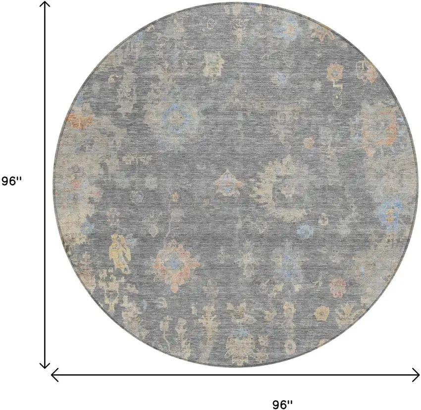 8' Gray And Beige Round Floral Washable Indoor Outdoor Area Rug Photo 3