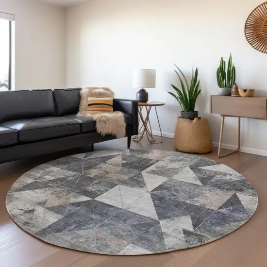8' Gray And Beige Round Geometric Washable Indoor Outdoor Area Rug Photo 6