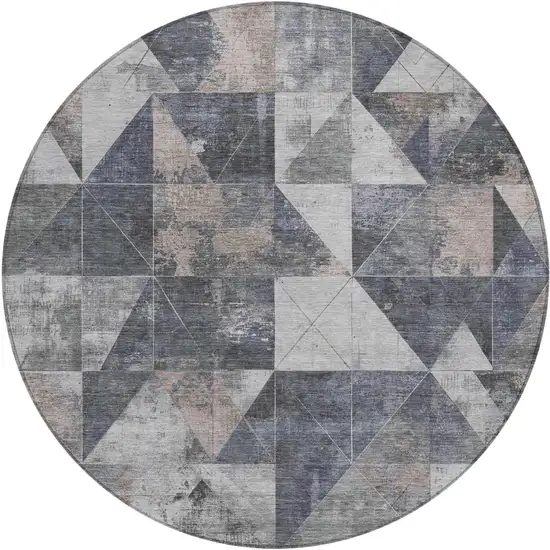 8' Gray And Beige Round Geometric Washable Indoor Outdoor Area Rug Photo 1