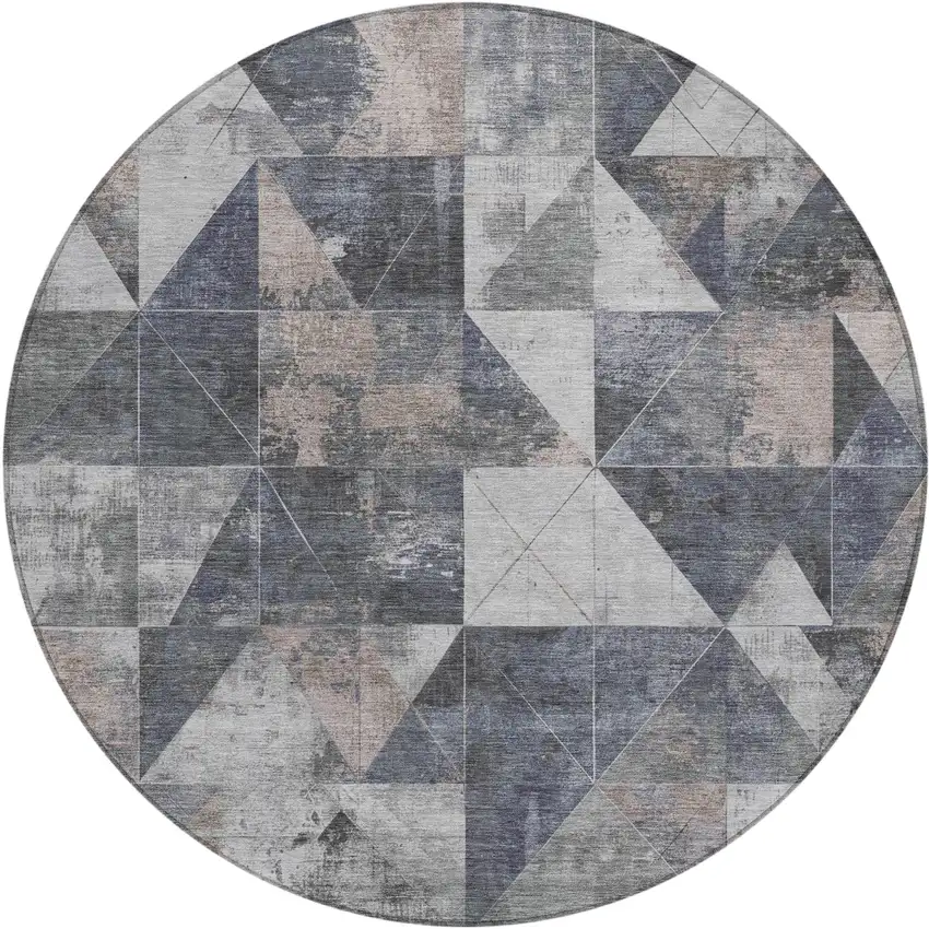 8' Gray And Beige Round Geometric Washable Indoor Outdoor Area Rug Photo 1
