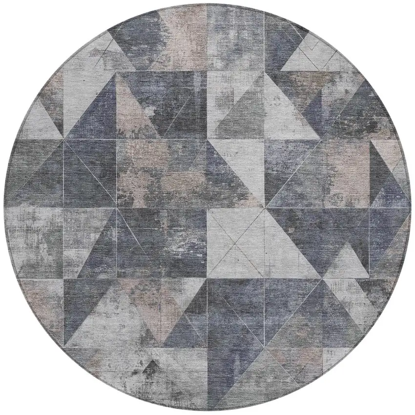8' Gray And Beige Round Geometric Washable Indoor Outdoor Area Rug Photo 3