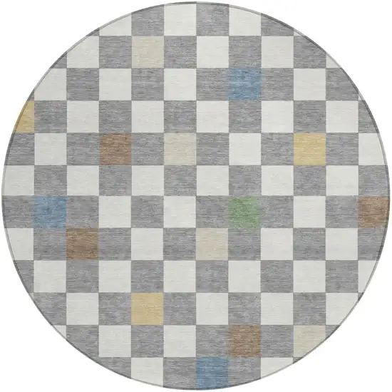 8' Gray And Beige Round Geometric Washable Indoor Outdoor Area Rug Photo 2