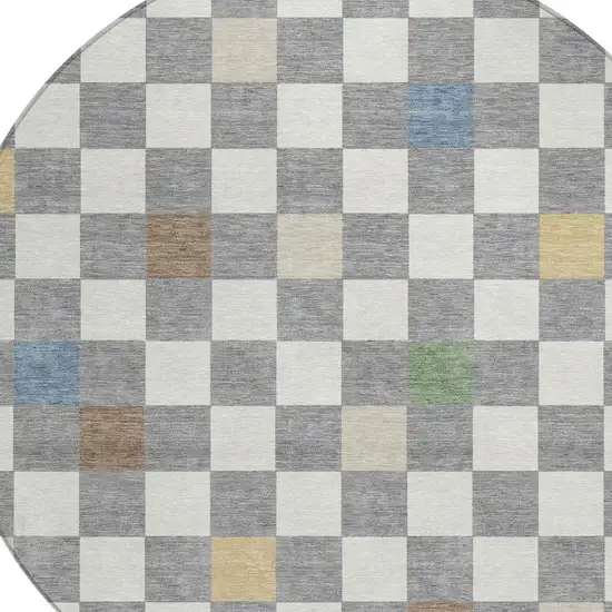 8' Gray And Beige Round Geometric Washable Indoor Outdoor Area Rug Photo 5