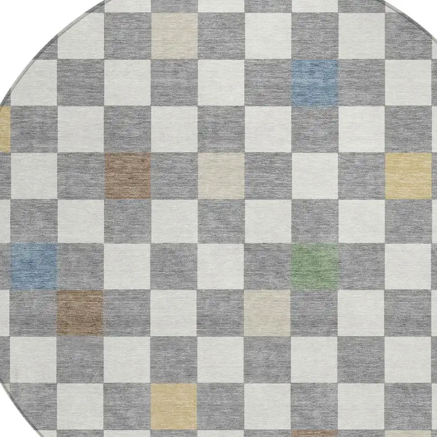 8' Gray And Beige Round Geometric Washable Indoor Outdoor Area Rug Photo 5