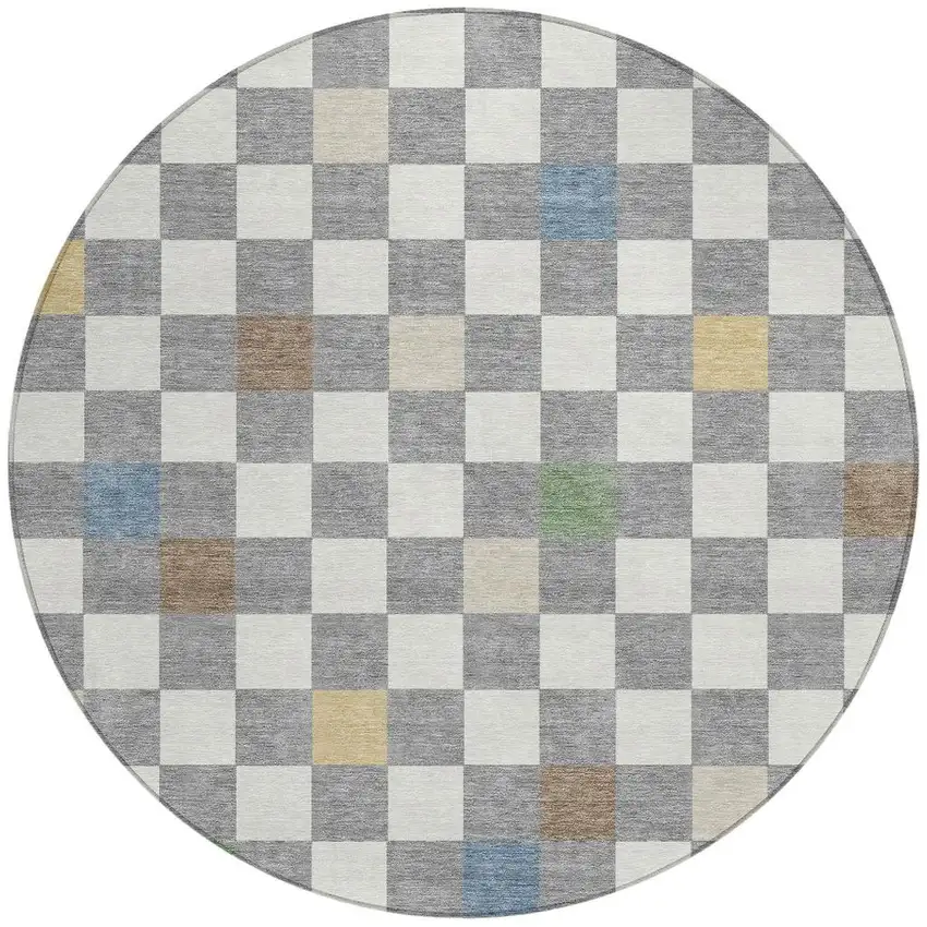 8' Gray And Beige Round Geometric Washable Indoor Outdoor Area Rug Photo 3