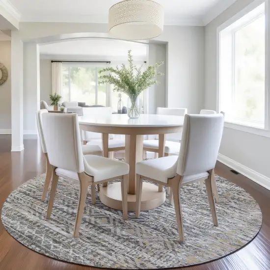 8' Gray And Beige Round Moroccan Washable Indoor Outdoor Area Rug Photo 6