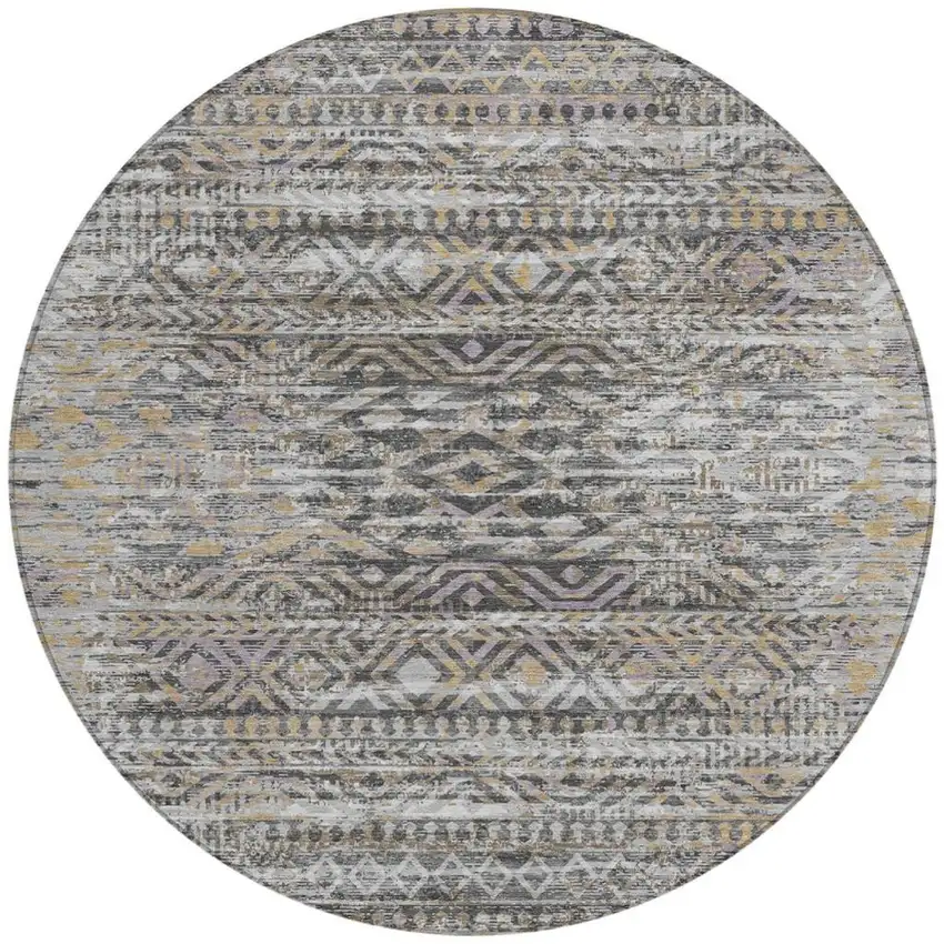 8' Gray And Beige Round Moroccan Washable Indoor Outdoor Area Rug Photo 3