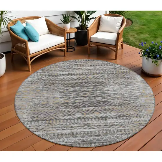 8' Gray And Beige Round Moroccan Washable Indoor Outdoor Area Rug Photo 2