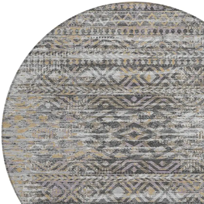 8' Gray And Beige Round Moroccan Washable Indoor Outdoor Area Rug Photo 4