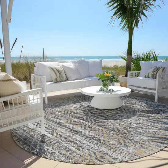8' Gray And Beige Round Moroccan Washable Indoor Outdoor Area Rug Photo 5