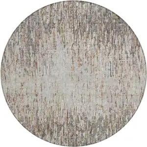 Photo of 8' Gray And Beige Round Striped Washable Indoor Outdoor Area Rug
