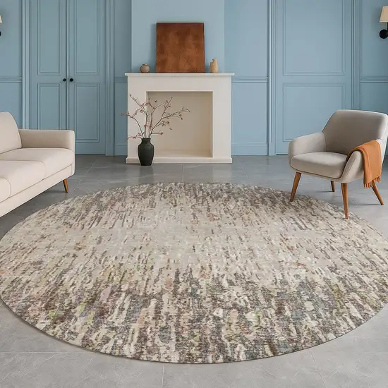 8' Gray And Beige Round Striped Washable Indoor Outdoor Area Rug Photo 5