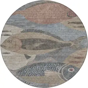 Photo of 8' Gray And Beige Round Tropical Fish Washable Indoor Outdoor Area Rug