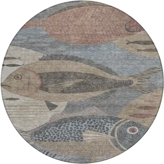 8' Gray And Beige Round Tropical Fish Washable Indoor Outdoor Area Rug Photo 1