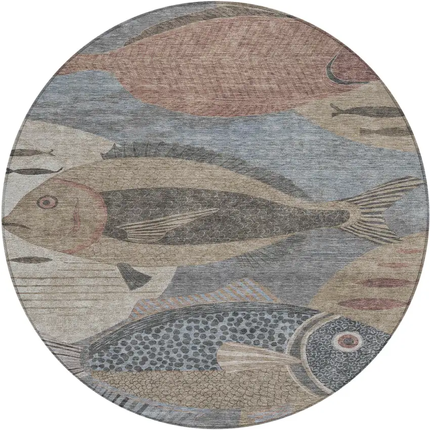 8' Gray And Beige Round Tropical Fish Washable Indoor Outdoor Area Rug Photo 1