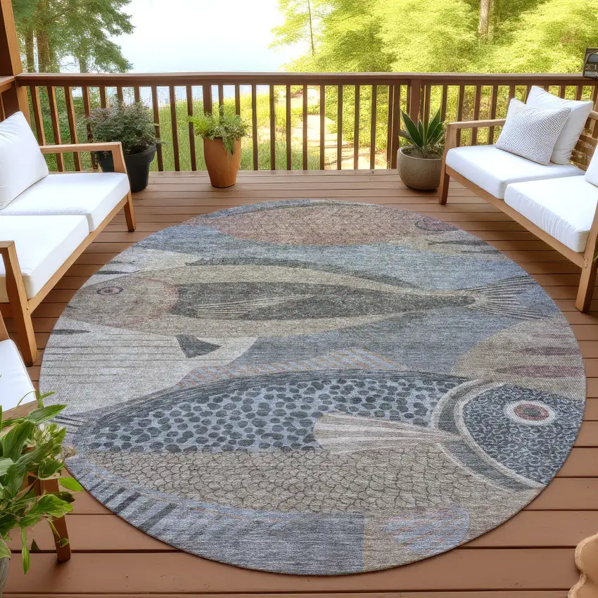 8' Gray And Beige Round Tropical Fish Washable Indoor Outdoor Area Rug Photo 4