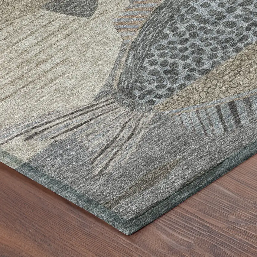 8' Gray And Beige Round Tropical Fish Washable Indoor Outdoor Area Rug Photo 6