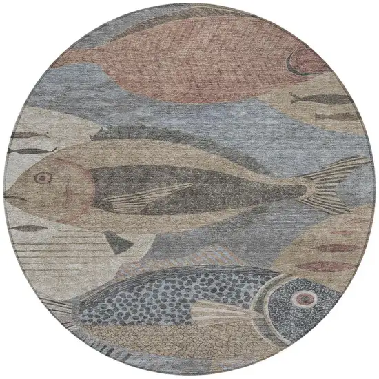 8' Gray And Beige Round Tropical Fish Washable Indoor Outdoor Area Rug Photo 2